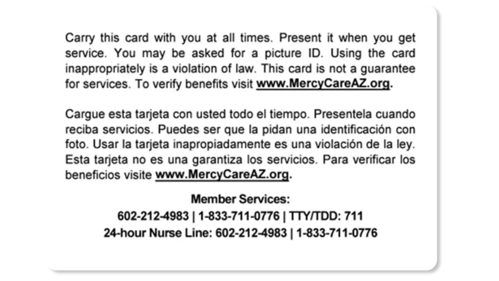 mercy care insurance card back example ahcccs