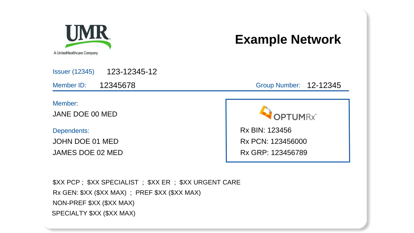 umr health insurance card example front