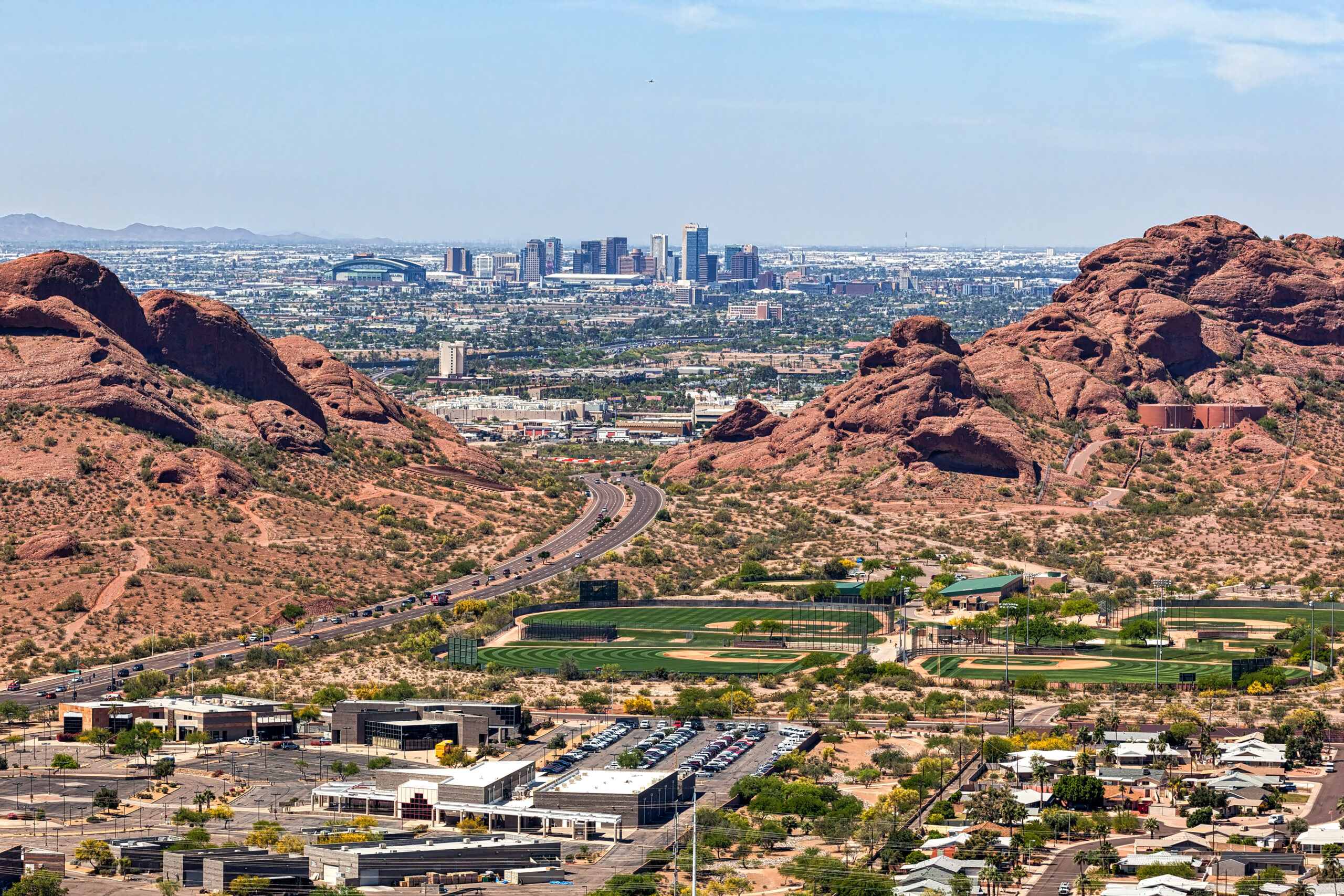 Downtown Phoenix aerial view from between the the Papago Buttes